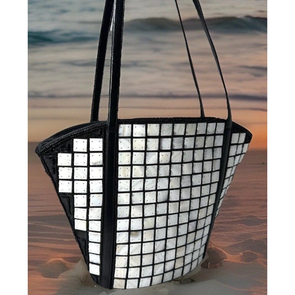 White Mother Of Pearl & Black Seed Bead Tote Handmade Tiled Luxury Handbag NWOT